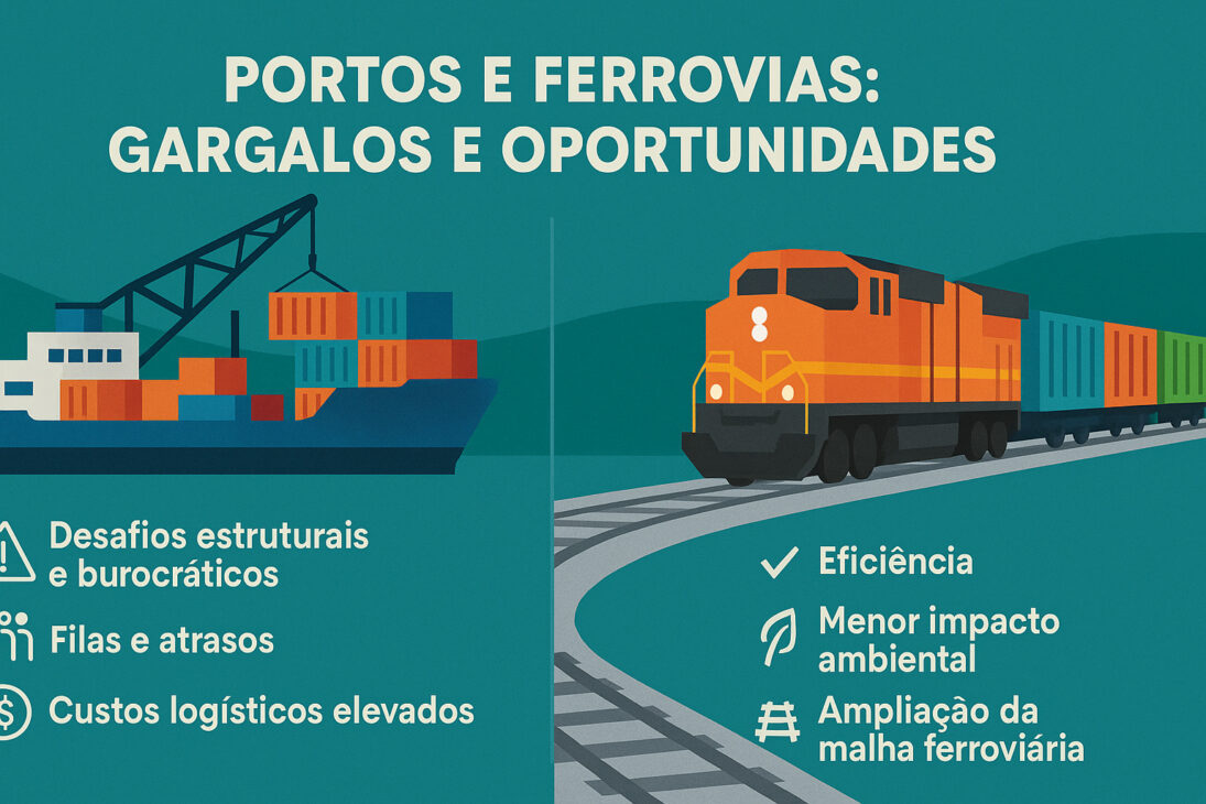 Infografía con ilustraciones de un puerto y una ferroviaria, destacando los cuellos de botella logísticos y las oportunidades en el transporte brasileño.