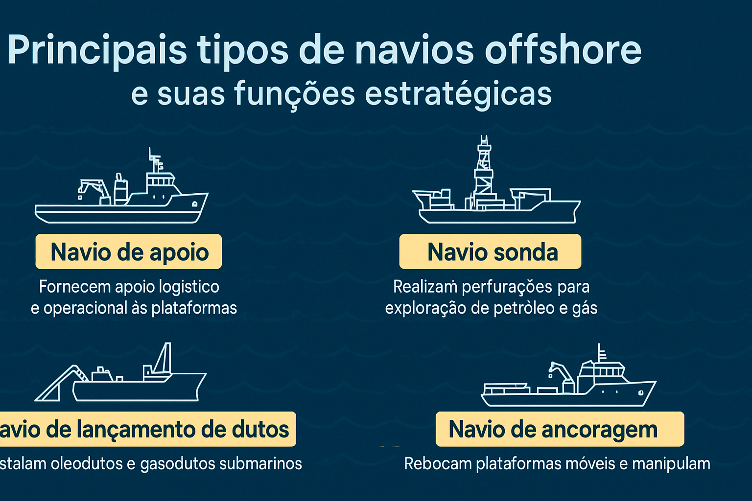 Infografía en español ilustrando los principales tipos de barcos offshore y sus funciones estratégicas, incluyendo barco de apoyo, barco sonda, barco de lanzamiento de ductos y barco de anclaje.