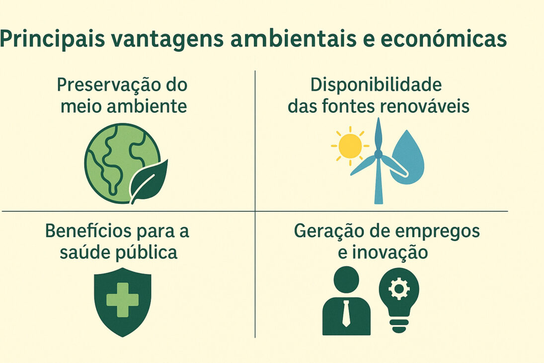 Infográfico ilustrando cuatro principales ventajas de la energía renovable: preservación del medio ambiente, disponibilidad de las fuentes renovables, beneficios para la salud pública y generación de empleos e innovación, con íconos representativos en diseño dividido en cuadrantes.