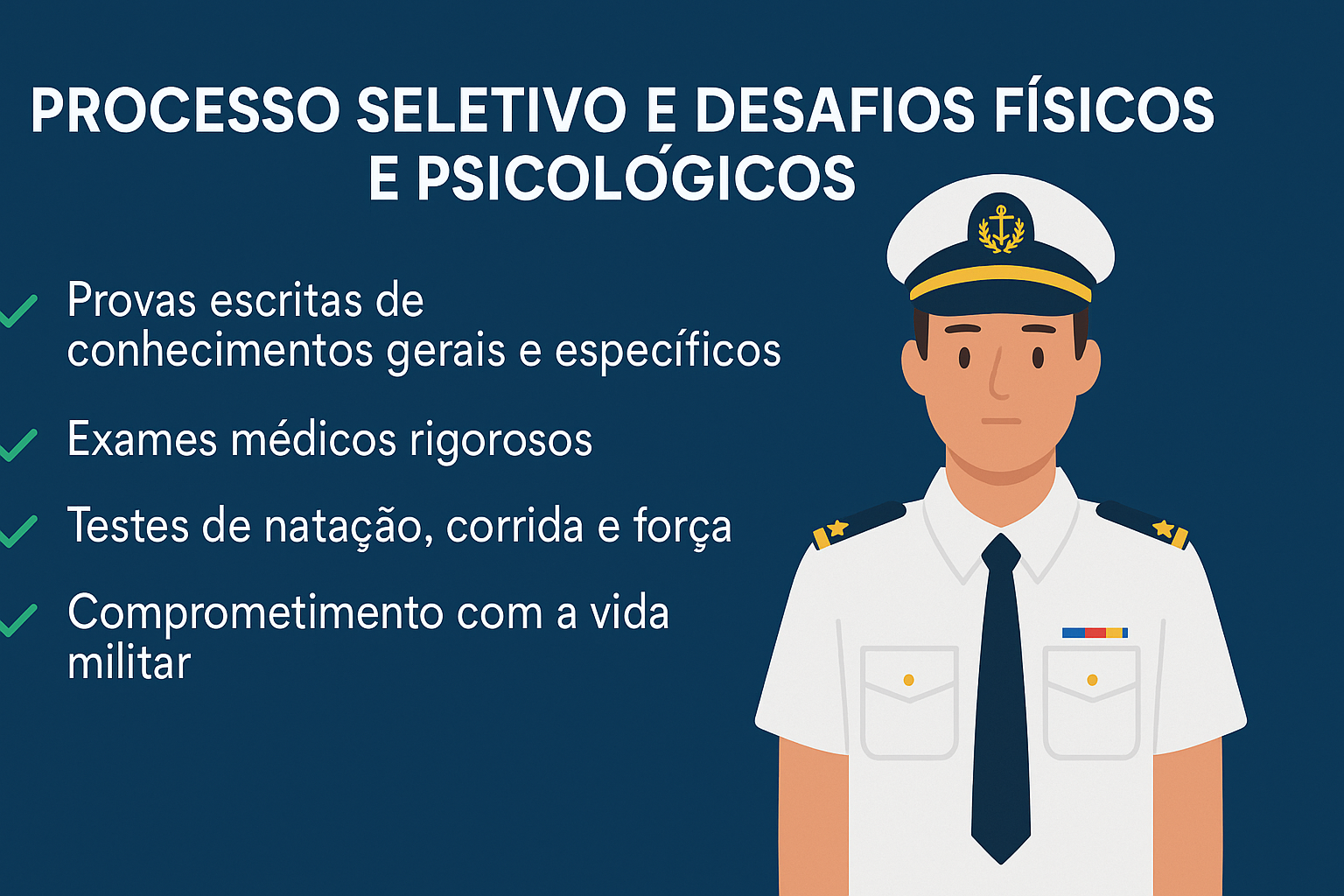 Infografía sobre el proceso selectivo y los desafíos físicos y psicológicos para ingreso en la Marina de Brasil, con ilustraciones y tópicos destacados.