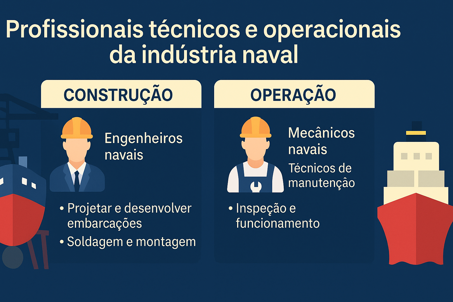 Infográfico en fondo azul oscuro con el título “Profesionales técnicos y operacionales de la industria naval”, dividido en dos columnas: construcción (con ícono de ingeniero naval) y operación (con ícono de técnico), presentando funciones y ejemplos de actividades.