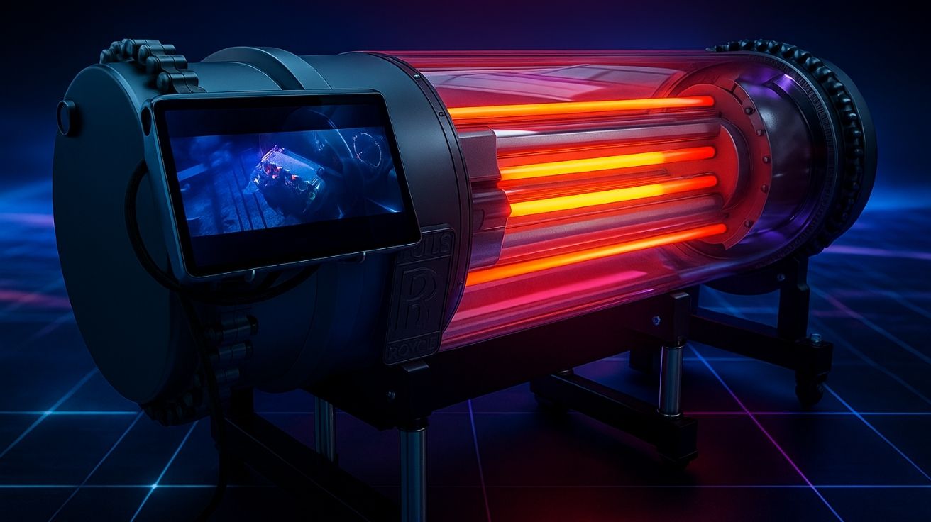 Modelo hiper-realista de reator nuclear modular em exibição, com fundo tecnológico futurista e iluminação dramática