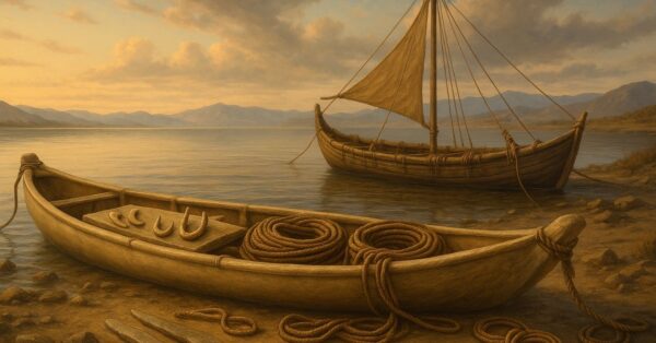 Humanos pré-históricos construindo canoa com ferramentas de pedra e fibras vegetais em praia do sudeste asiático, representando a navegação primitiva