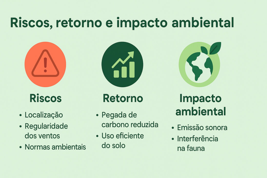 Infografía con íconos y temas sobre riesgos, retorno e impacto ambiental de la energía eólica, incluyendo factores como ubicación, huella de carbono e interferencia en la fauna.