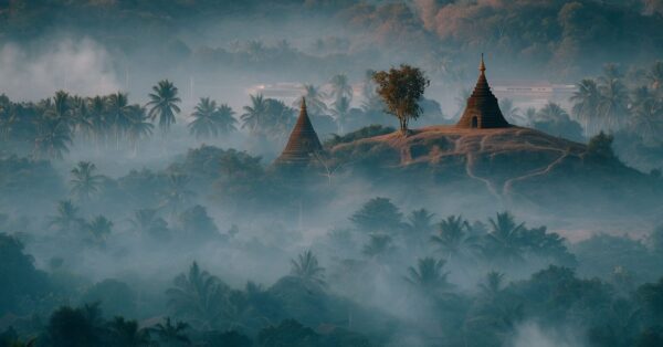 Paisagem arqueológica da antiga cidade bizantina de Tharais coberta por névoa ao amanhecer, cercada por templos e vegetação tropical densa