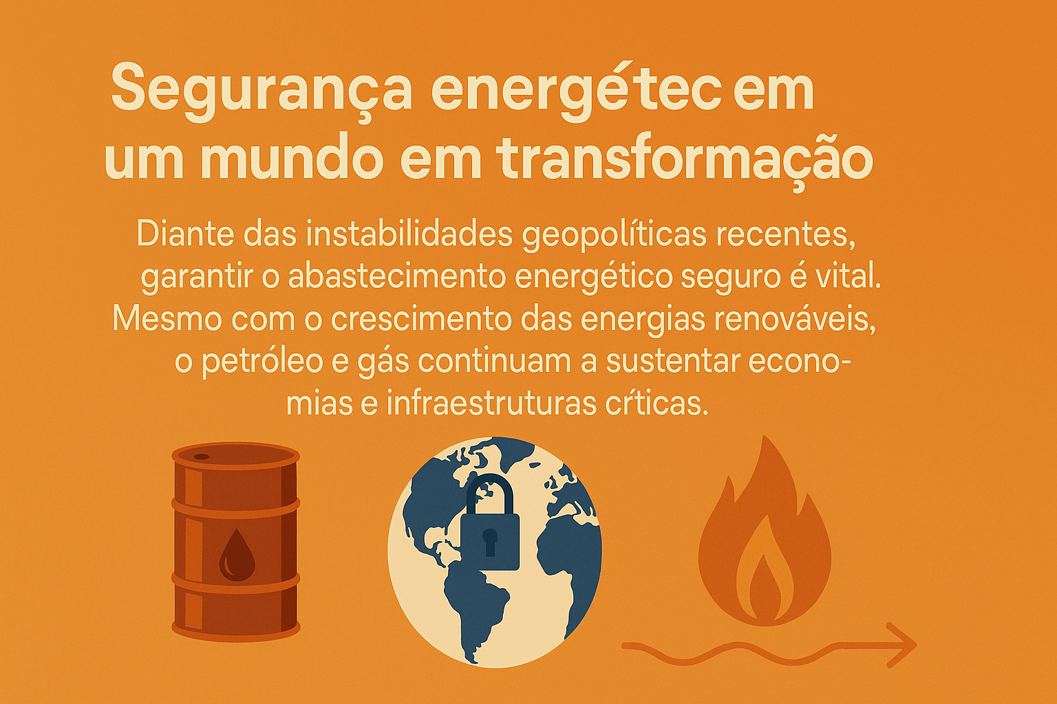 Infografía sobre seguridad energética en un mundo en transformación, con íconos y texto centralizado en fondo naranja.