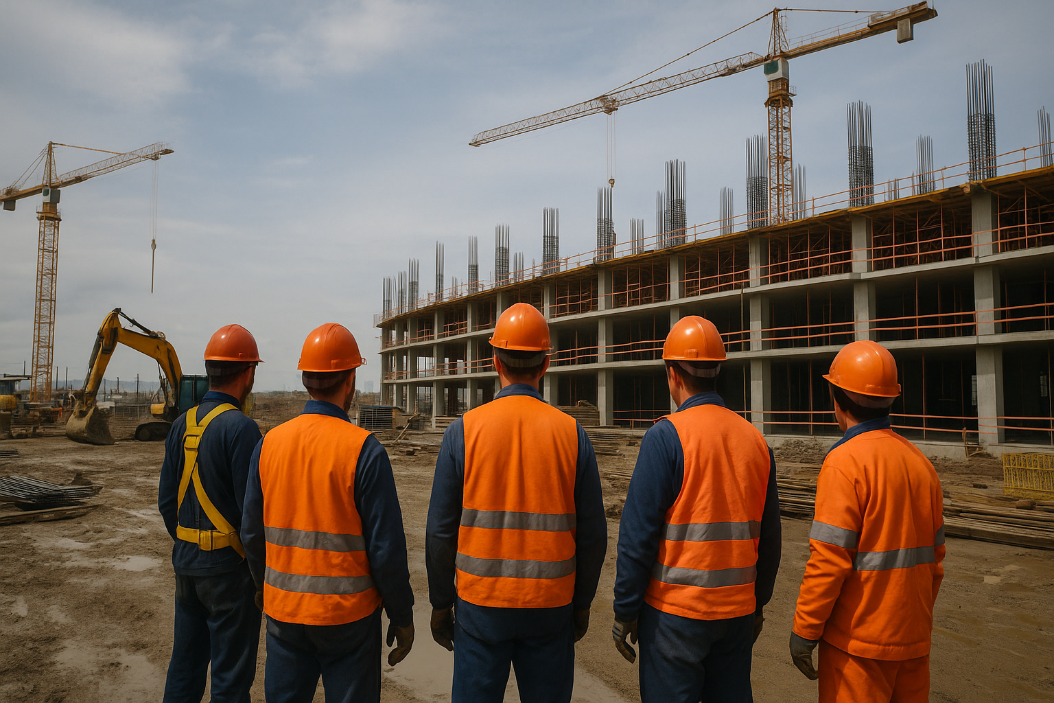 Trabalhadores com capacetes e coletes observam construção de edifício em andamento com guindastes ao fundo.