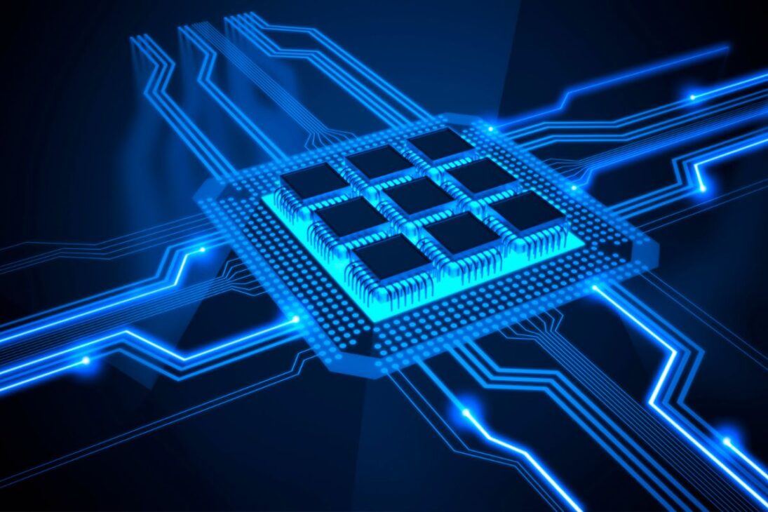 Ilustración digital de un procesador con varios núcleos conectados por trilas luminosas azules, simbolizando tecnología de punta y alta performance.