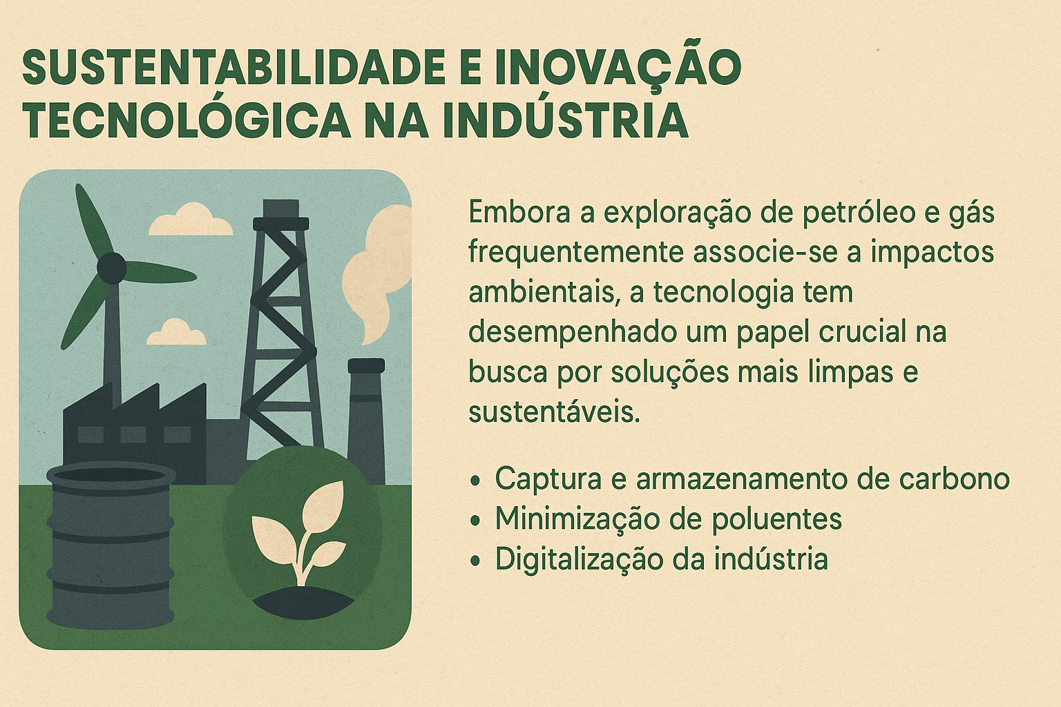 Infográfico ilustrando la relación entre sostenibilidad e innovación tecnológica en la industria de petróleo y gas, con íconos de turbina eólica, chimenea, barril y planta creciendo.