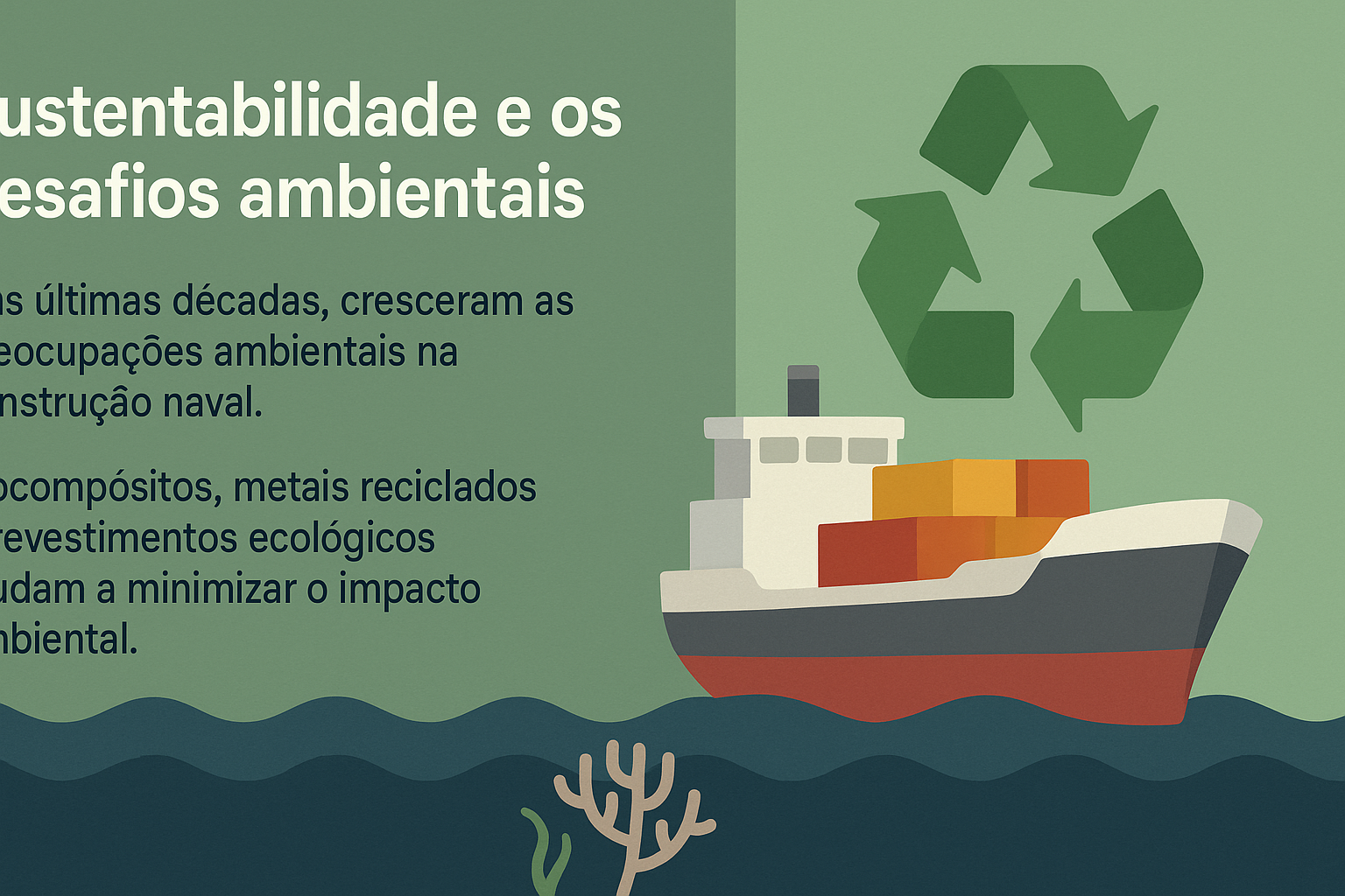 Infográfico sobre sostenibilidad en la construcción naval, con ilustración de barco carguero, símbolo de reciclaje y elementos marinos, destacando prácticas ecológicas como el uso de biocompuestos y materiales reciclados.