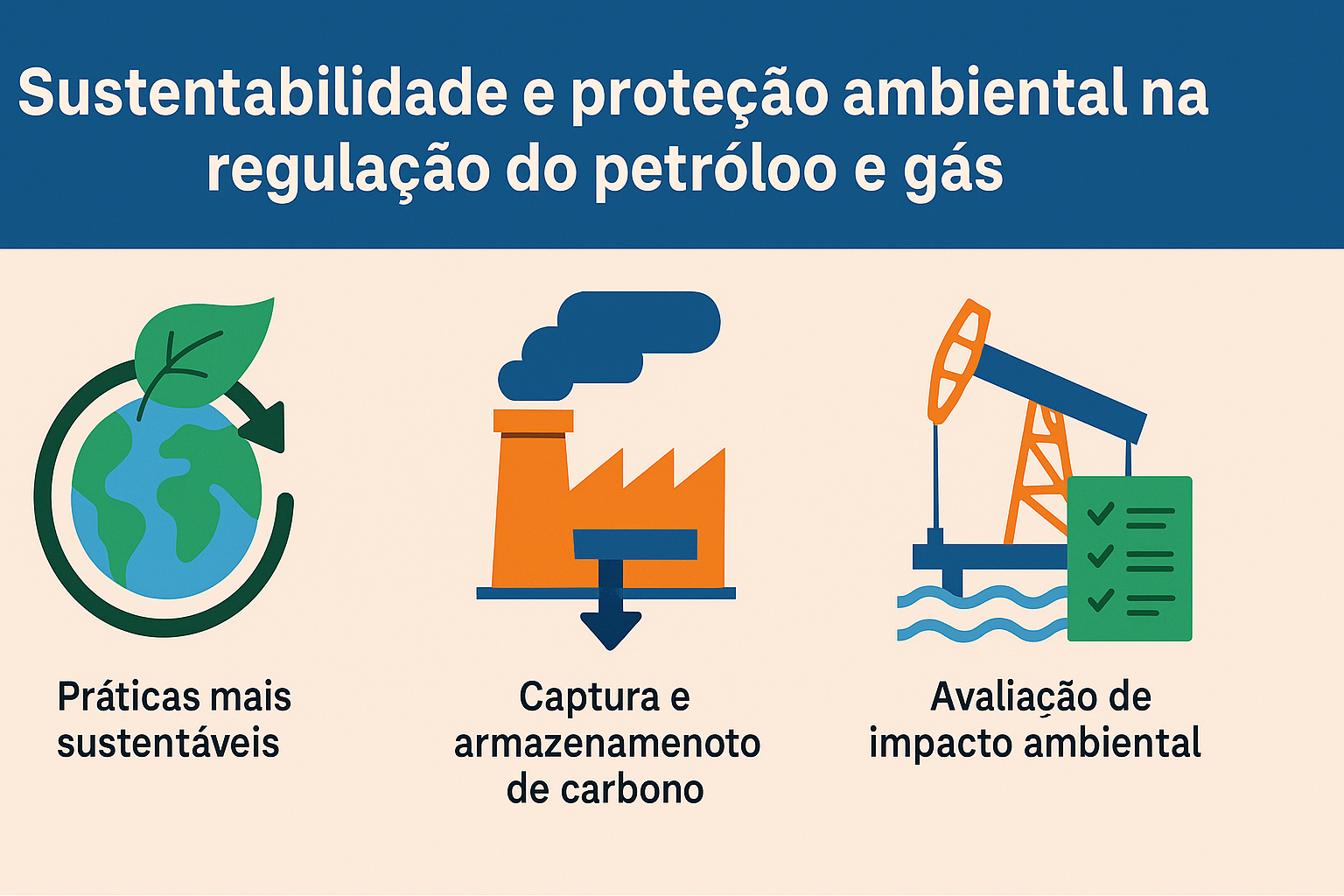 Infográfico sobre sostenibilidad y protección ambiental en la regulación del petróleo y gas, con íconos de prácticas sostenibles, captura de carbono y evaluación de impacto ambiental.