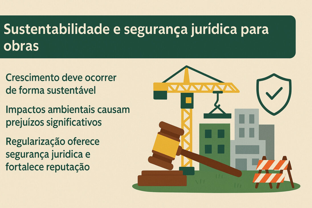 Infográfico em português sobre sustentabilidade e segurança jurídica para obras, com ícones de construção civil, martelo de juiz e escudo com check, além de textos explicativos ao lado.