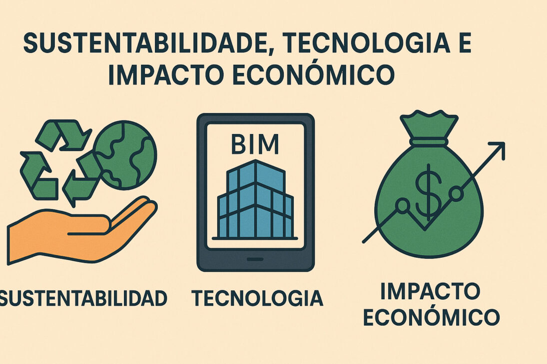Infográfico en español con íconos representando sostenibilidad, tecnología (BIM) e impacto económico en la construcción civil pesada.