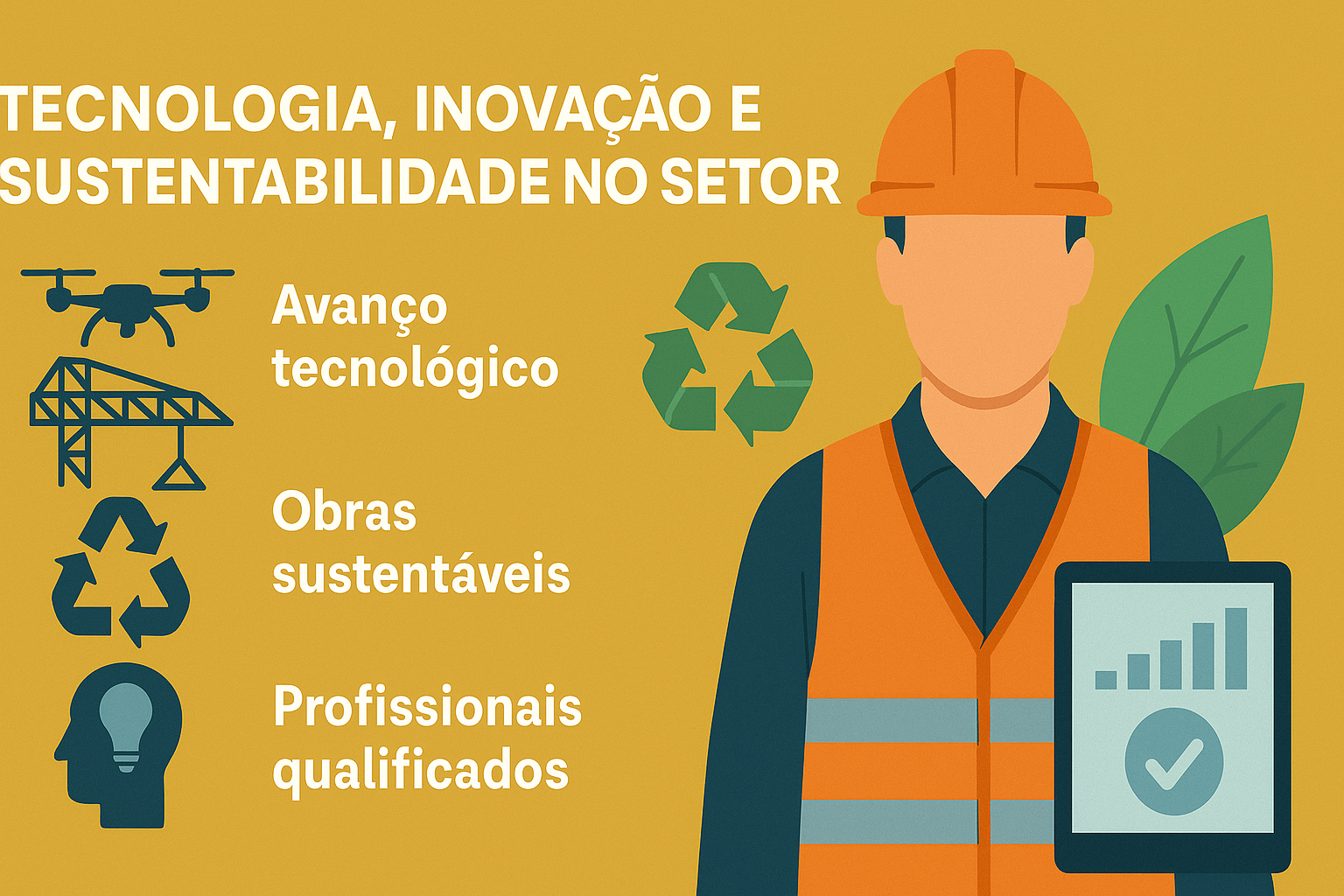 Infográfico sobre tecnología, innovación y sostenibilidad en el sector de la construcción, con íconos de drone, reciclaje, ideas y un trabajador con tablet, casco y chaleco de seguridad.