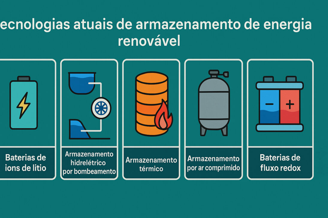 Infográfico Con Íconos Representando Cinco Tecnologías Actuales De Almacenamiento De Energía Renovable: Baterías De Iones De Litio, Almacenamiento Hidroeléctrico Por Bombeo, Almacenamiento