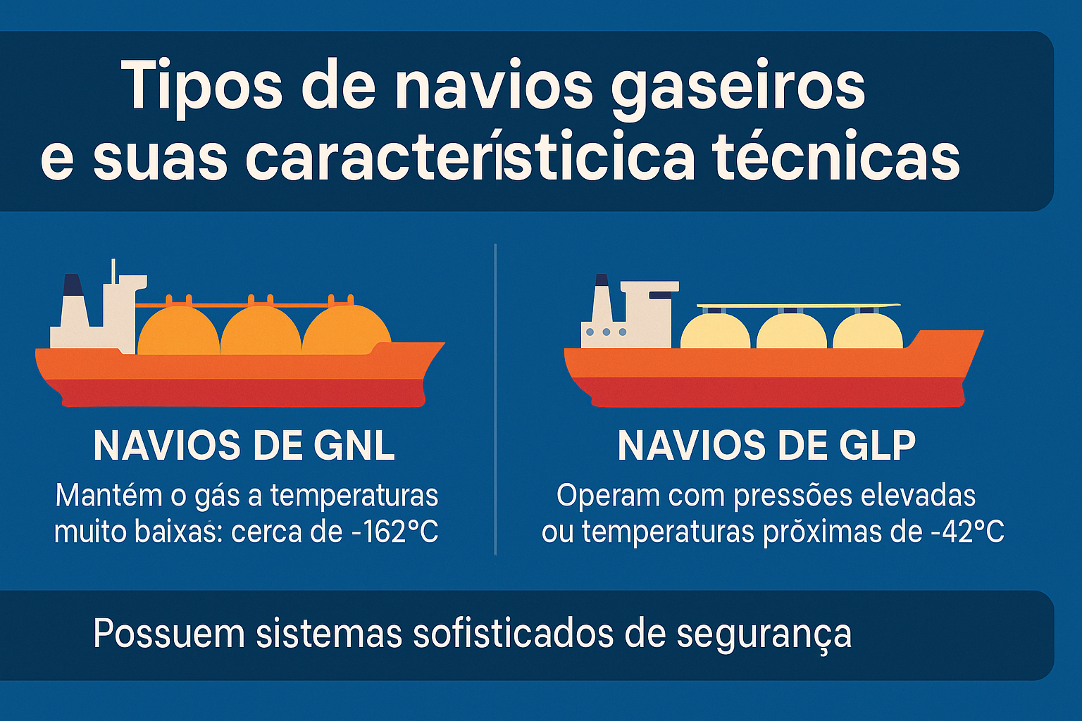 Infográfico comparando buques de GNL y GLP con enfoque en temperatura, presión y sistemas de seguridad.