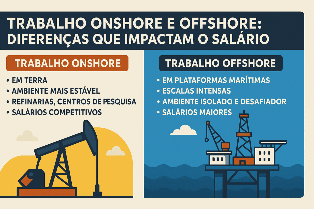 Infográfico comparando trabajo onshore y offshore en la industria petrolera, destacando diferencias salariales y condiciones de trabajo.