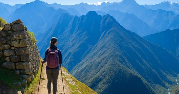 Caminhante percorre a Trilha Inca com mochila e bastões de trekking, cercada por ruínas incas e montanhas azuladas dos Andes ao fundo