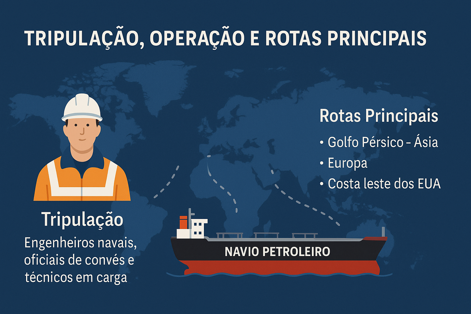 Infográfico mostrando un petrolero navegando con rutas principales indicadas y un trabajador de la tripulación al lado de un mapa-mundi.