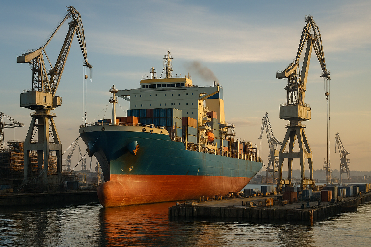 Navio de carga em construção em estaleiro moderno ao entardecer, cercado por guindastes industriais.