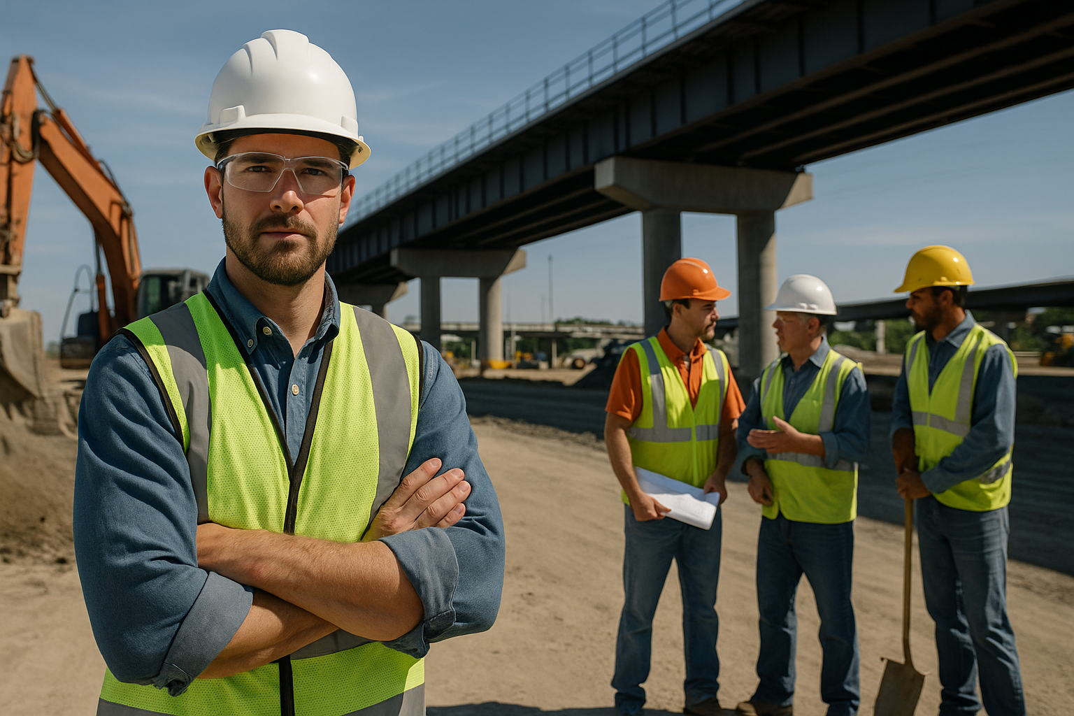 Engenheiro de infraestrutura com colete refletivo e capacete branco em obra de construção de viaduto.