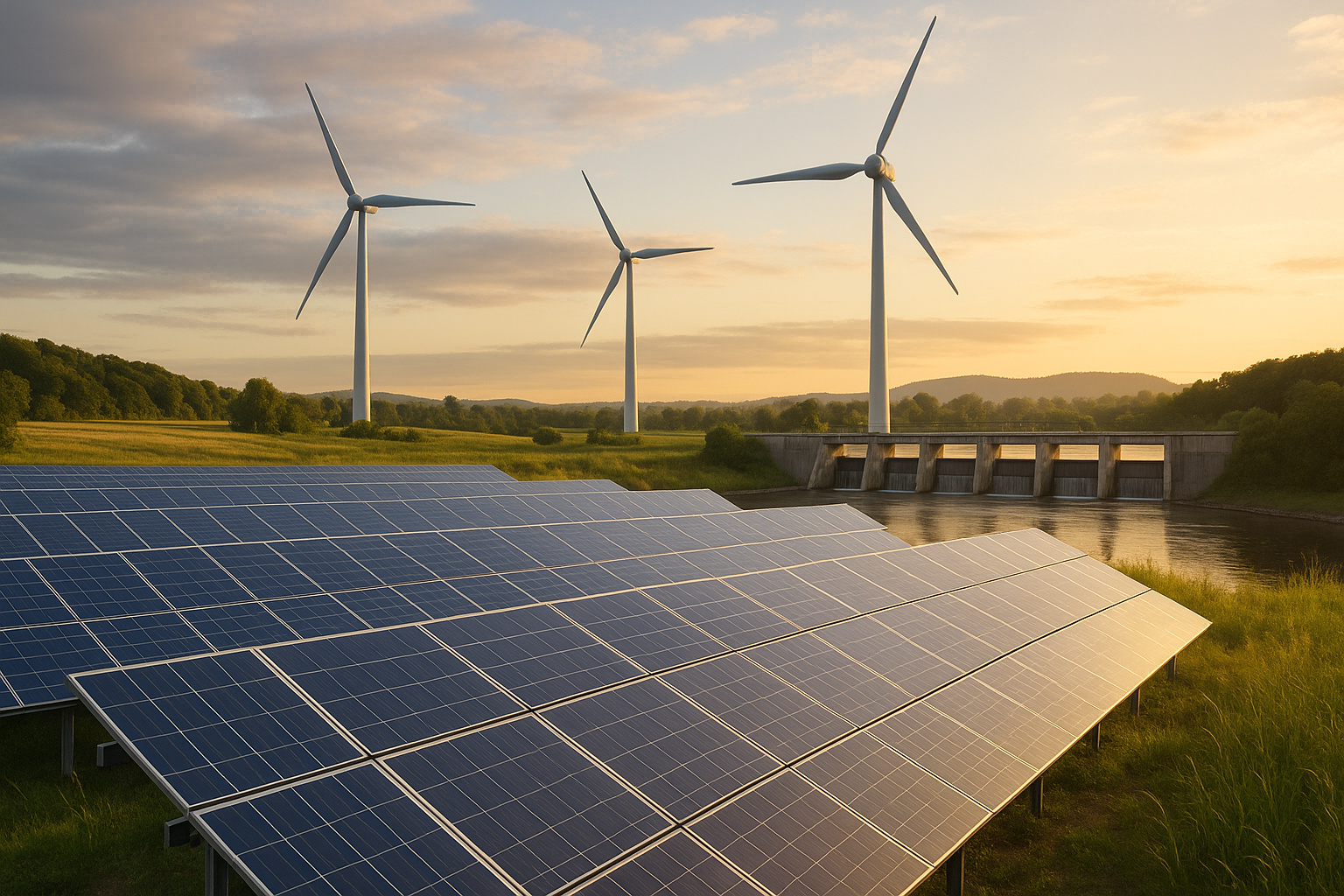 Painéis solares, turbinas eólicas e usina hidrelétrica em paisagem natural ao entardecer.