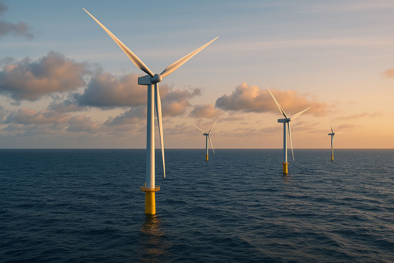 Turbinas eólicas offshore em alto-mar durante o pôr do sol, gerando energia limpa.