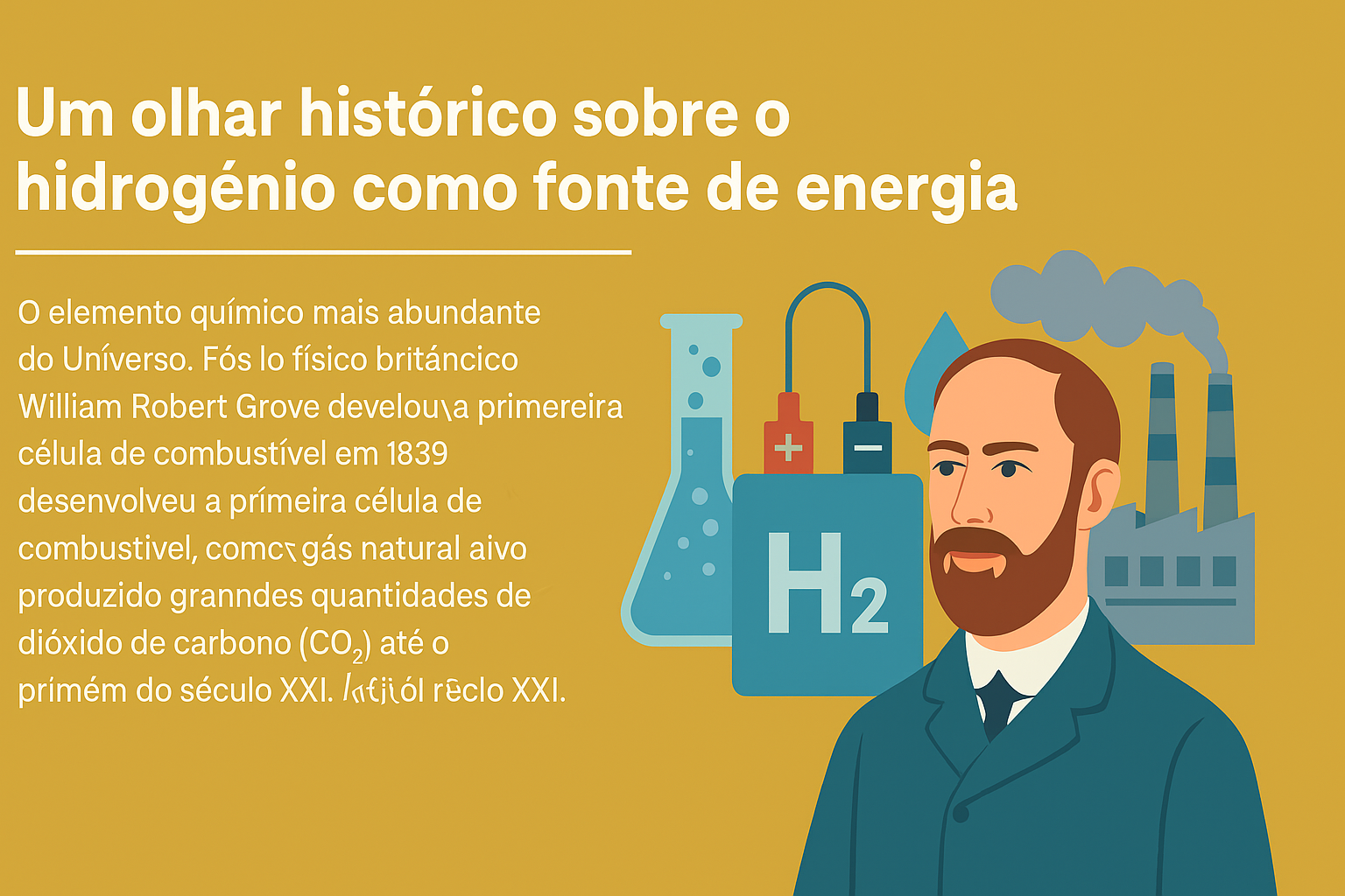 Infografía en estilo plano mostrando a William Robert Grove junto a elementos representando el hidrógeno como fuente de energía, incluyendo una célula de combustible, un tubo de ensayo y una fábrica con emisión de humo.