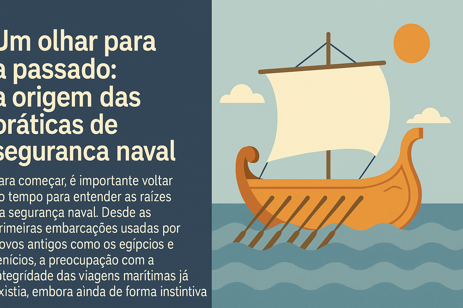 Infografía ilustrada con el título "Una mirada al pasado: el origen de las prácticas de seguridad naval", centralizado sobre fondo azul, acompañado por un barco antiguo estilizado a vela navegando en el mar bajo un cielo claro.