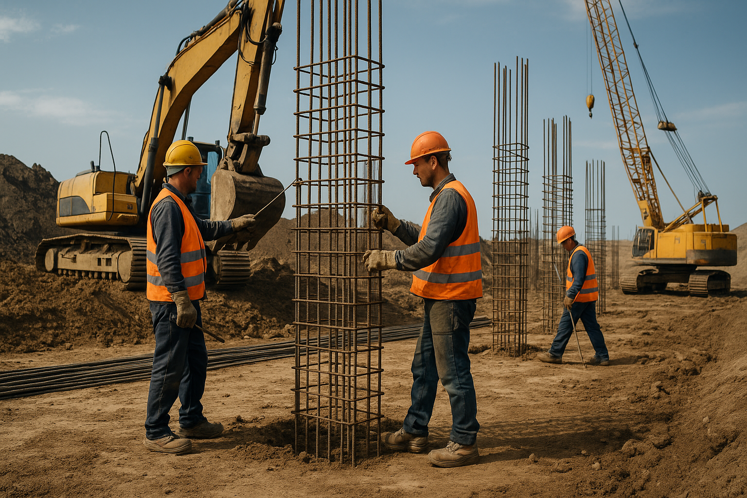 Trabalhadores da construção pesada operando em canteiro de obras com escavadeiras e estruturas de ferro.