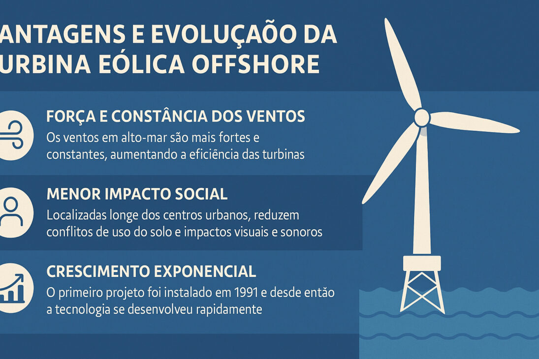 Infografía destacando las ventajas y la evolución de las turbinas eólicas offshore, con íconos representando viento, impacto social y crecimiento, al lado de una turbina en el mar.