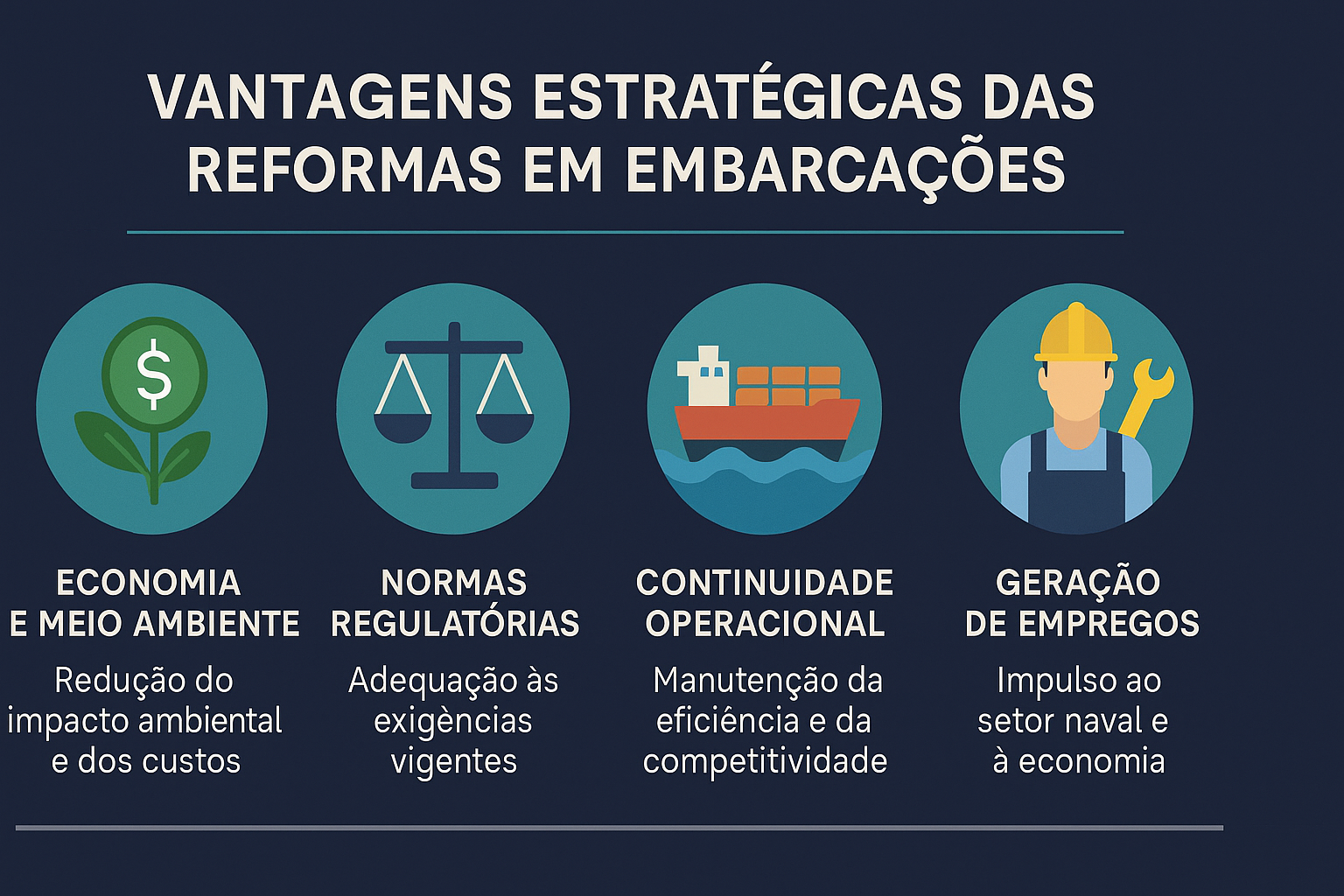 Infográfico con íconos y textos explicando las ventajas estratégicas de las reformas en embarcaciones: economía ambiental, adecuación a las normas, continuidad operacional y generación de empleos.