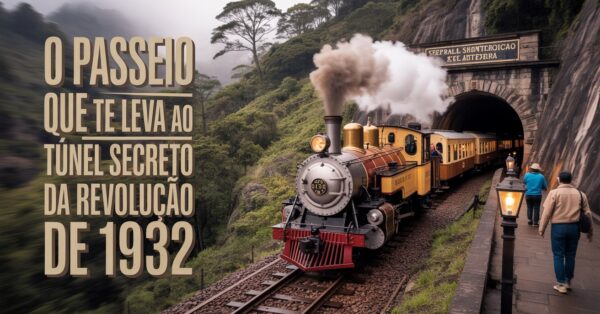 Viagem de trem revela túnel secreto da Revolução de 1932 e encanta turistas com paisagens, história e locomotiva centenária na Serra da Mantiqueira. (Imagem/ reprodução Youtube)