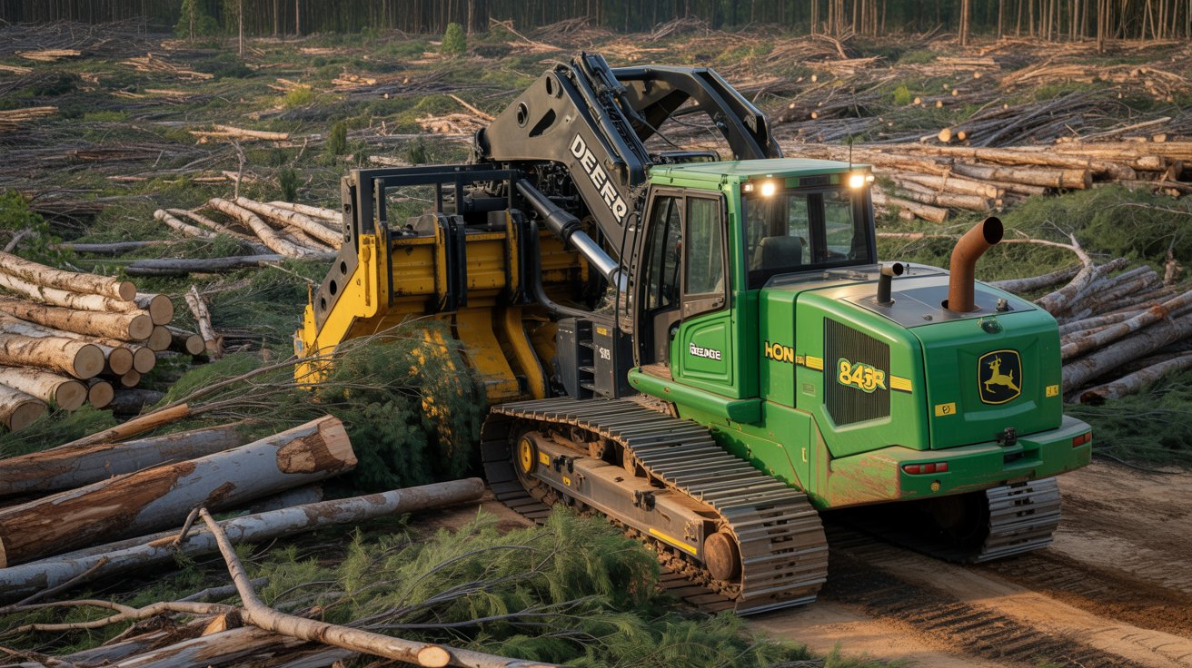 Máquina florestal de 31 toneladas derruba 200 árvores por hora e consome menos que quatro tratores. Tecnologia que já opera no Brasil. (Imagem ilustrativa criada por IA)