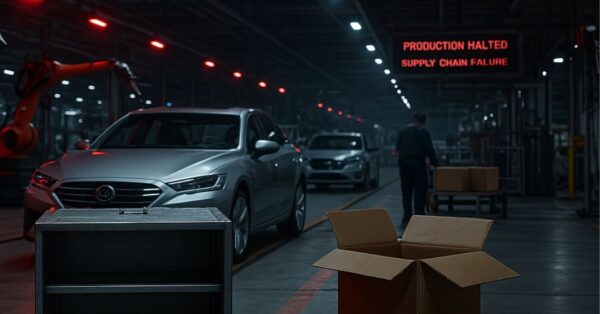 Imagem hiper-realista de uma fábrica de automóveis parcialmente apagada, com robôs industriais paralisados, caixas vazias e clima de colapso logístico