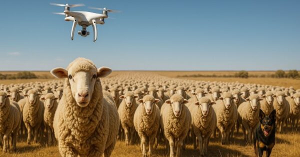 Rebanho de ovelhas merino marchando em campo aberto na Austrália com drone e cão pastor, representando o agronegócio ovino de alta tecnologia