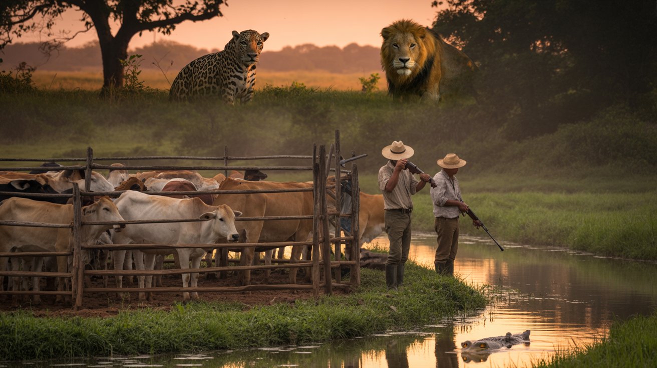 Leopardo entrando em casa, leão caçando gado e crocodilo à espreita, representando ataques em áreas rurais