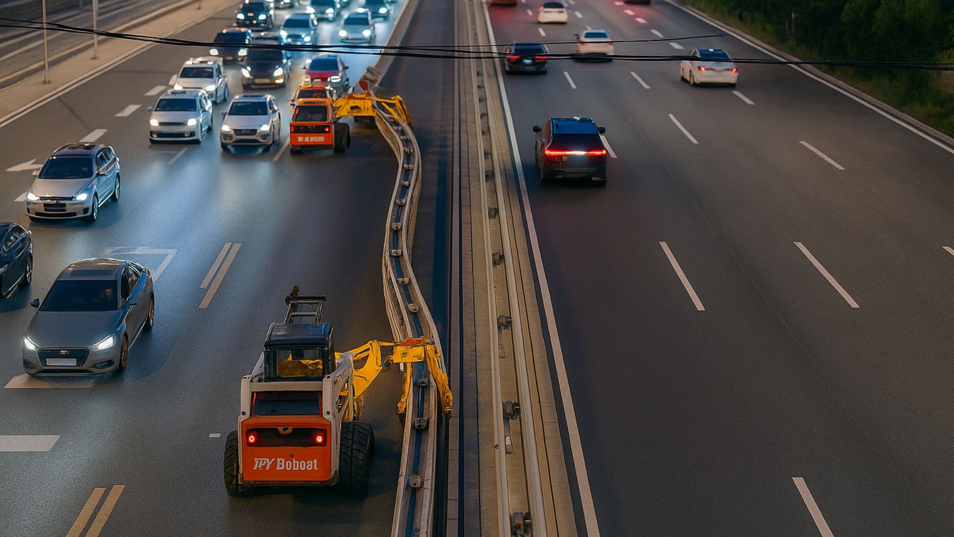 Caminhão zíper operando à noite em rodovia chinesa para ampliar faixa de tráfego
