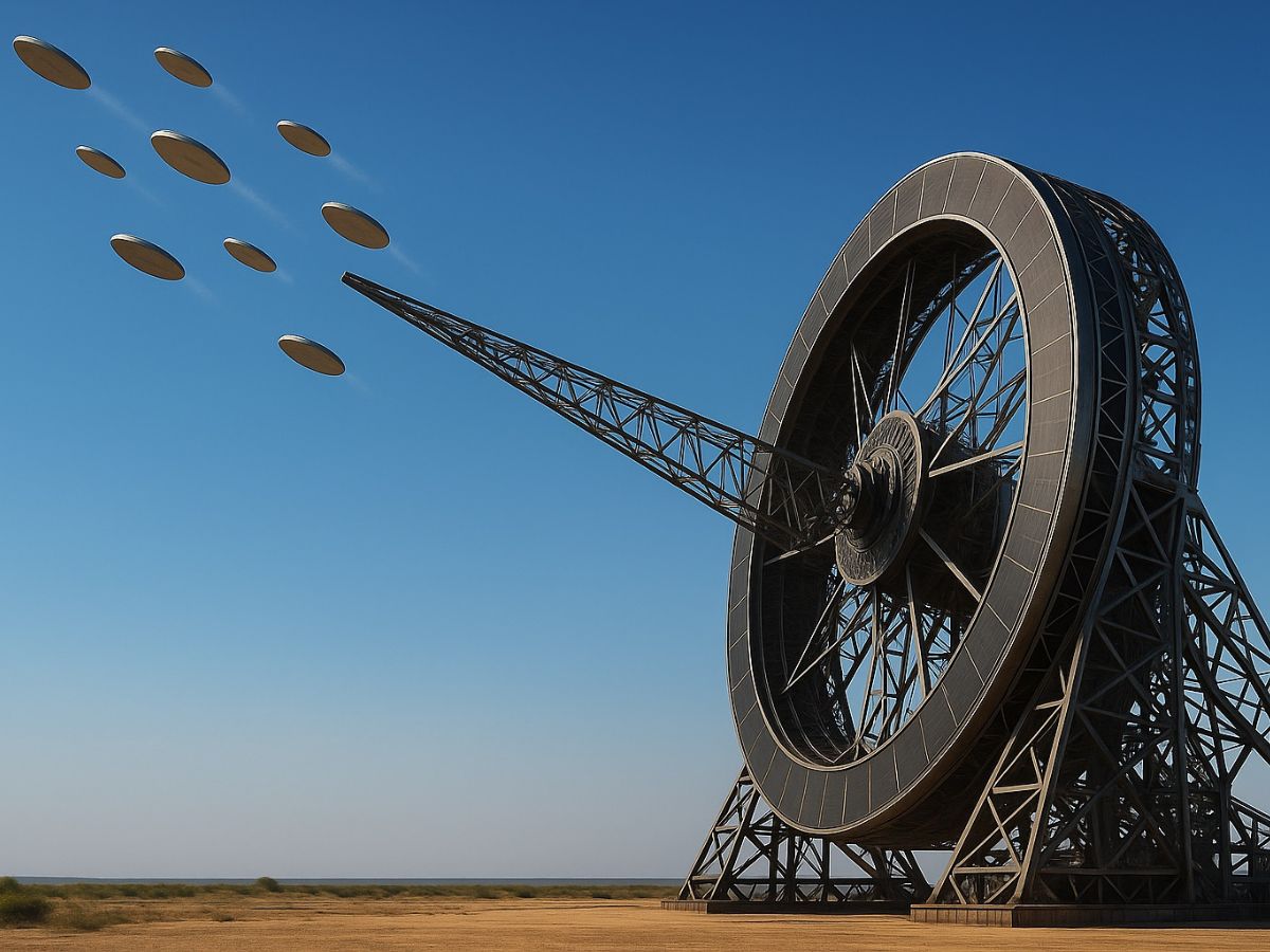 Ilustração realista de um canhão giratório disparando satélites achatados ao espaço