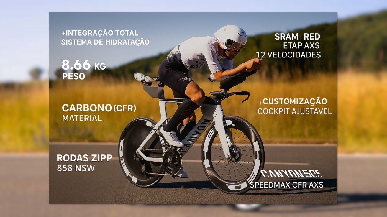 Ciclista profissional em posição aerodinâmica sobre uma Canyon Speedmax CFR AXS equipada com rodas Zipp e grupo SRAM, com destaques de especificações técnicas ao redor