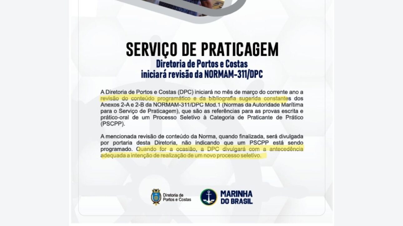 Imagen muestra comunicado emitido por la Marina de Brasil destacando el inicio de la revisión del contenido programático y bibliografía del proceso de selección para prácticos de barco, con alerta de que un nuevo concurso podrá ser anunciado en el futuro.