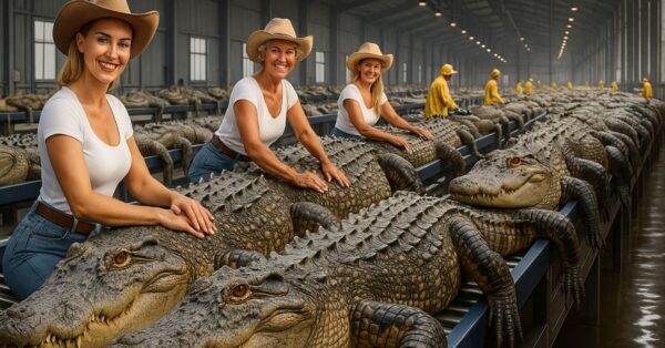 Crocodilos em esteiras industriais dentro de uma fazenda moderna de criação e processamento para a indústria de carne exótica e couro de luxo