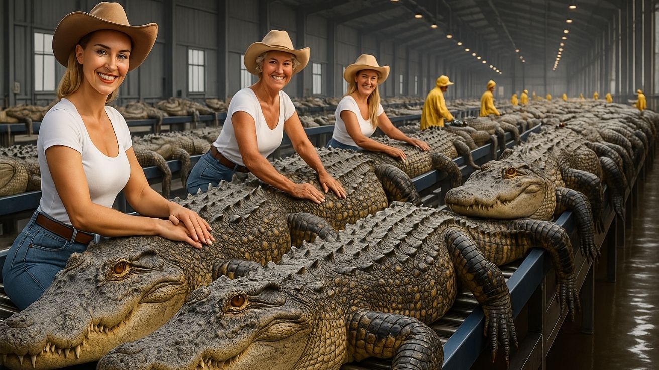 Crocodilos em esteiras industriais dentro de uma fazenda moderna de criação e processamento para a indústria de carne exótica e couro de luxo