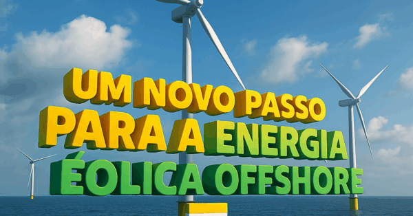 Parque eólico offshore com turbinas no mar e frase 3D destacada com logo da Petrobras abaixo.