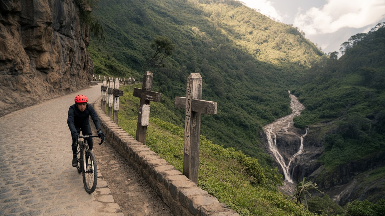 Ciclista desce a Estrada da Morte na Bolívia com penhasco à esquerda e cruzes à margem