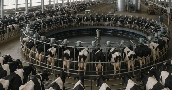 Ordenha robotizada em fazenda chinesa com vacas em plataforma giratória e galpão de grande escala.