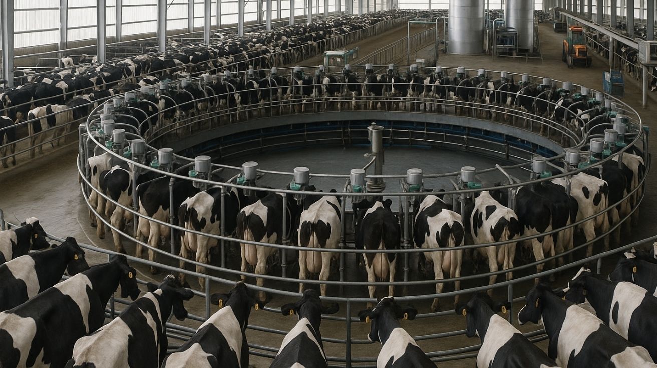 Ordenha robotizada em fazenda chinesa com vacas em plataforma giratória e galpão de grande escala.