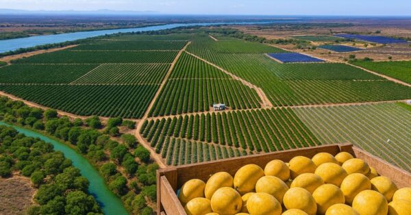 Fazenda de mangas no Vale do São Francisco com lavouras irrigadas, caixas de frutas colhidas e paisagem do sertão com rio e áreas agrícolas organizadas.