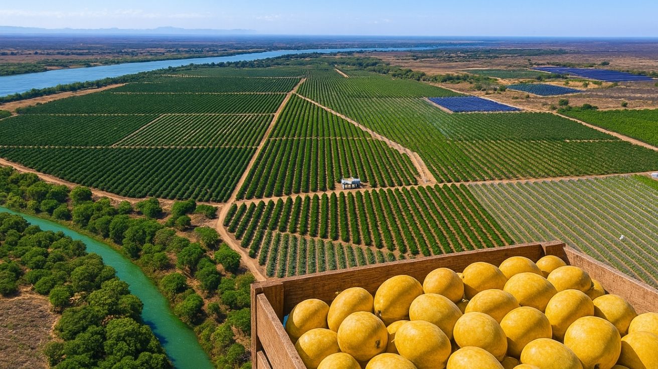 Fazenda de mangas no Vale do São Francisco com lavouras irrigadas, caixas de frutas colhidas e paisagem do sertão com rio e áreas agrícolas organizadas.