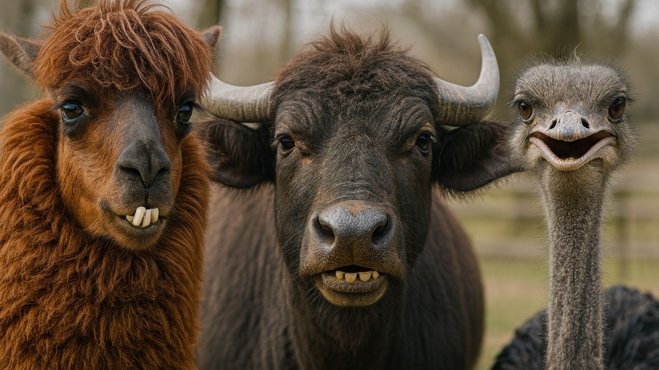 Lhama, búfalo e avestruz com expressões cômicas alinhados lado a lado em fazenda exótica nos EUA.